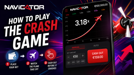Promotional image teaching 'How to Play the Crash Game' with three steps (bet, watch plane take off, cash out) and a smartphone showing a rising profit graph.",